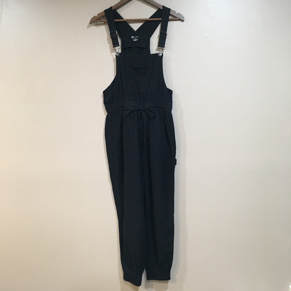 No Boundaries Linen Blend Bib Overalls Womens M Black Boho Streetwear Hippie